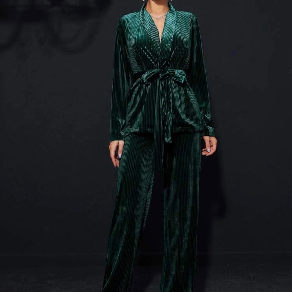 Shawl Collar Belted Velvet Top & Pants